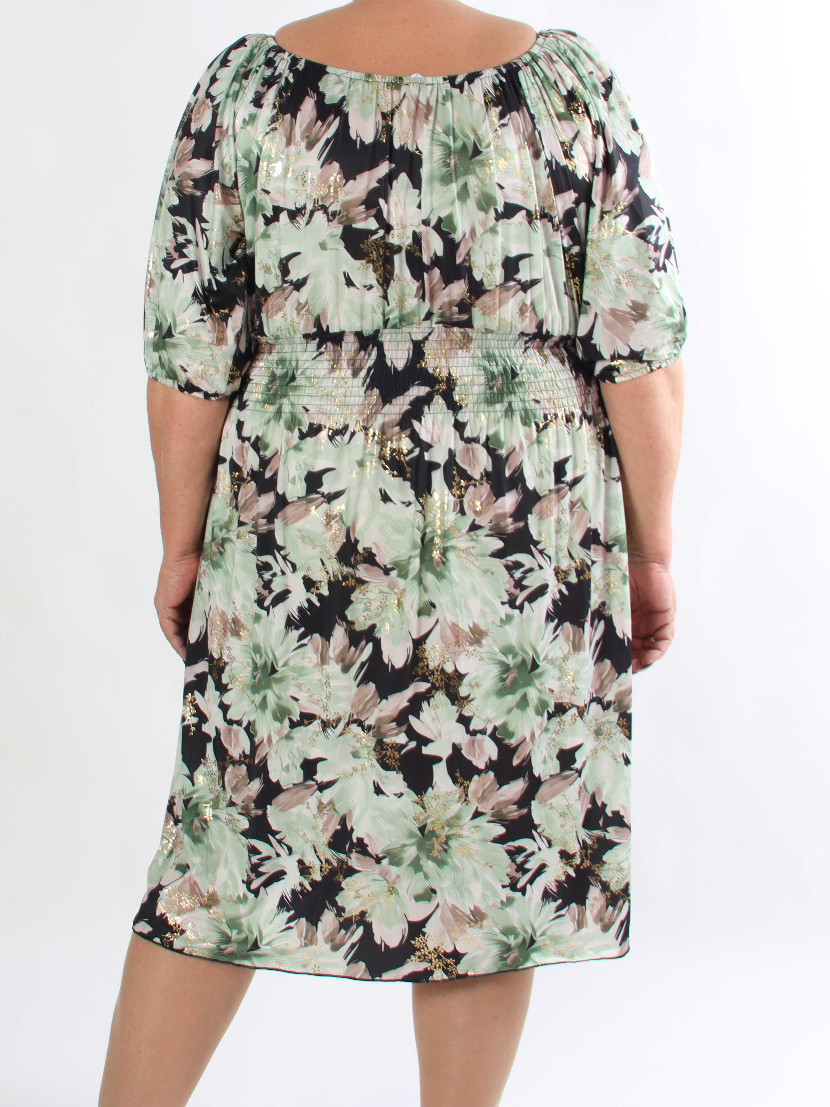 Cora Flower Midi - Elastisk blomstret plus size kjole med guld print